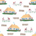 Seamless patterns Ukrainian rural house with wooden fence. Ukrainian traditional house with white walls Royalty Free Stock Photo