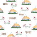 Seamless patterns Ukrainian rural house with wooden fence. Ukrainian traditional house with white walls Royalty Free Stock Photo