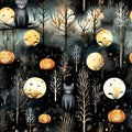 Seamless patterns watercolor of black cat, pumpkins with trees and moon in Halloween day theme, Generative AI Royalty Free Stock Photo