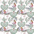 Seamless patterns with White unicorn and princess. watercolor hand drawn fairytale illustration. Royalty Free Stock Photo