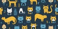 Seamless patterns of white and yellow cats, indigo background, leaf, flora, nature