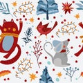 Seamless patterns with winter animals, funny cat in a scarf, cute mouse, cardinal bird, Christmas tree decorations Royalty Free Stock Photo