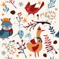 Seamless patterns with winter birds, cardinal, cute owl, funny winter goose in a scarf, bright flowers, colored leaves