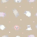 Seamless patterns. Yoga for pets. Cute playful sheep athletes. Vector illustration on a light brown background. Farm animals yoga