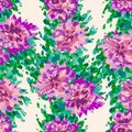 Seamless background from watercolor drawings of abstract pink flowers with green leaves