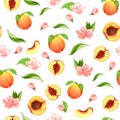 Seamless peach pattern with fruits, leaves, flowers background. Watercolor peach tree seamless background. Royalty Free Stock Photo
