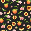 Seamless peach pattern with fruits, leaves, flowers background. Watercolor peach tree seamless background. Royalty Free Stock Photo