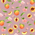 Seamless peach pattern with fruits, leaves, flowers background. Watercolor peach tree seamless background. Royalty Free Stock Photo