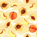 Seamless peach pattern with fruits, leaves, flowers background. Watercolor peach tree seamless background. Royalty Free Stock Photo