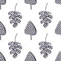 Seamless penball handrawing pattern with grayscale, ornamented jungle leaves. Royalty Free Stock Photo