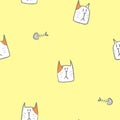 Seamless pencil doodle hand draw line art cat repeat pattern with fish bone in yellow background