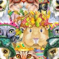 Seamless pattern of of dog, guinea pig, cat. Watercolor pets illustration. Watercolor hand drawn illustration