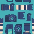 Seamless Photo Camera And Lens Pattern, Perfect For Photography Enthusiasts And Professionals, Vector Illustration