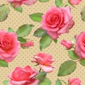 Seamless photo-realistic pattern of pink-coral roses on a yellow background in polka dots.