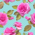 Seamless photo-realistic pattern of pink roses on a turquoise background in polka dots.