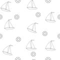 Seamless picture with a ship and a lifebuoy. A vector sea pattern