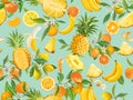 Seamless pineapple, banana, lemon, mandarin, orange pattern with summer fruits, leaves, flowers background