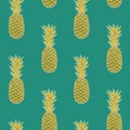 Seamless pineapple pattern on green background. Arranged vertically.