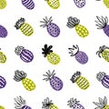 Seamless pineapple pattern. Handdrawn Pinapple with different textures in pastel colors. Exotic fruits background For