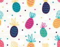 Seamless pineapple pattern with polka dots. Vector colorful background.