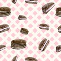 Seamless pink background with chocolate chip cookies.