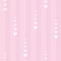 Seamless pink background with vertical dotted stripes, heart shapes and rhombuses. Flat and minimal Valentine`s Day backdrop