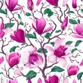 Floral seamless pattern with pink magnolia flowers, leaves and petals on white background. Royalty Free Stock Photo