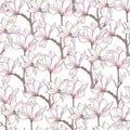 Seamless pink magnolia pattern with pink flowers on a white background. spring print vector illustration Royalty Free Stock Photo