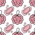 Seamless pink vector pattern featuring cartoon-style bath sponges and soap bars with bubbly accents Royalty Free Stock Photo