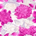 Seamless pattern with white and pink peonies flowers and petals. Background in soft colors