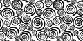 Seamless pinwheel squiggly spiral pattern made of wonky hand drawn black ink lines on white background