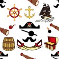 Seamless pirate symbols-swords, anchor, steering wheel, land mine, telescope, ship with black sails, hat, skull and bones, barrels Royalty Free Stock Photo