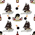 Seamless pirates themed background drawings by hand. Pirate symbols-swords, a ship with black sails, skull and bones, a jointer.