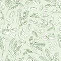 Seamless pistachio pattern with nuts, shells, branches and leaves. Monochrome design of endless monochrome background