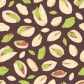 Seamless pistachio pattern with peeled nuts and unopened pistaches in nutshells on dark background. Endless repeatable