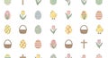 Seamless Pixel Easter Pattern with Eggs Chickens Flowers Crosses and Baskets on White Background Design for Holiday Royalty Free Stock Photo