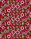 Seamless pizza ingredients pattern. Tomatoes, onions and basil on a red tomato sauce. Flat lay