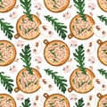 Seamless pizza pattern with mushrooms and arugula. Watercolor illustration for menus, recipes, kitchen textiles, design