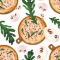 Seamless pizza pattern with mushrooms and arugula. Watercolor illustration for menus, recipes, kitchen textiles, design
