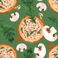 Seamless pizza pattern with mushrooms and arugula. Watercolor illustration for menus, recipes, kitchen textiles, design