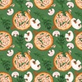 Seamless pizza pattern with mushrooms and arugula. Watercolor illustration for menus, recipes, kitchen textiles, design
