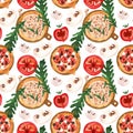 Seamless pizza pattern with mushrooms, tomatoes, olives and arugula. Watercolor illustration for menus, recipes, kitchen