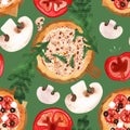 Seamless pizza pattern with mushrooms, tomatoes, olives and arugula. Watercolor illustration for menus, recipes, kitchen