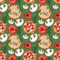 Seamless pizza pattern with mushrooms, tomatoes, olives and arugula. Watercolor illustration for menus, recipes, kitchen