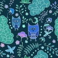Seamless plants and owls vector pattern. Royalty Free Stock Photo