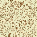 Seamless plants and owls vector pattern. Royalty Free Stock Photo