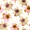 Seamless plants pattern background with monochrome daisy flowers