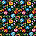 Seamless Polish folk art floral pattern - Wzory Lowickie, Wycinanki on black background