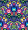 Seamless Polish folk art pattern with roosters - Wzory Lowickie, Wycinanka Royalty Free Stock Photo