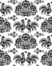 Seamless Polish, Slavic black folk art pattern with roosters - Wzory Lowickie, wycinanka Royalty Free Stock Photo